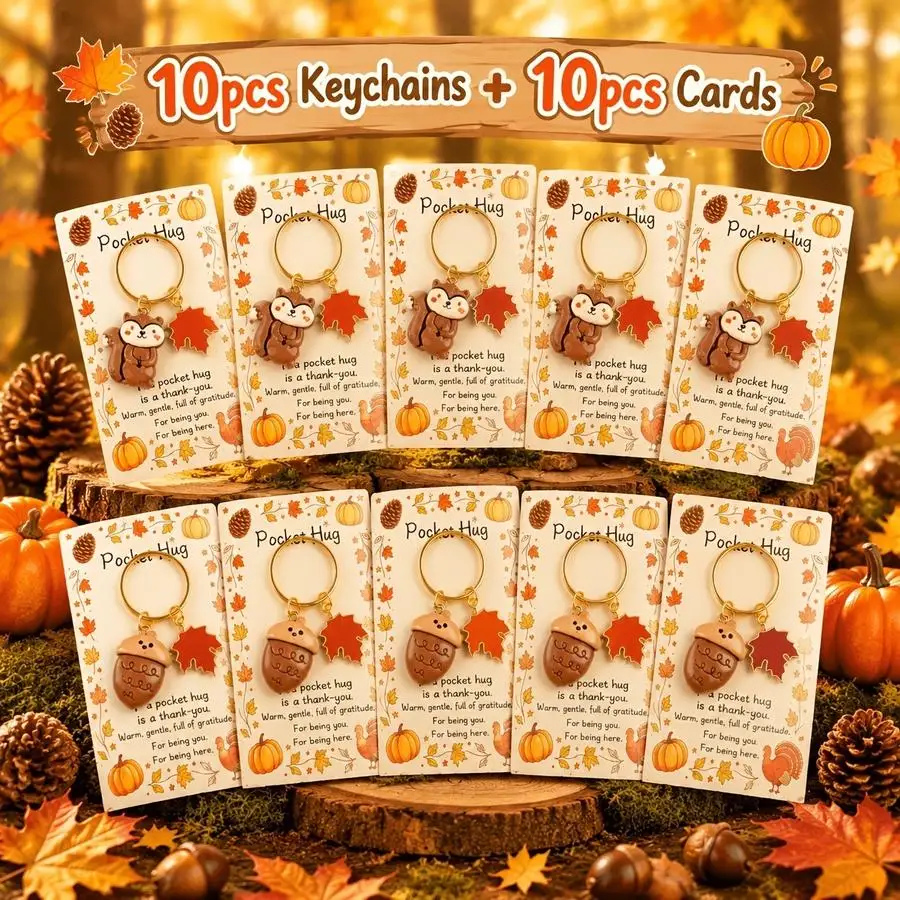 1/5/10/20/50/100pcs units [10 keychains and 10 cards] Fall-themed Thanksgiving keychains and blessing cards, cute squirrel, beec