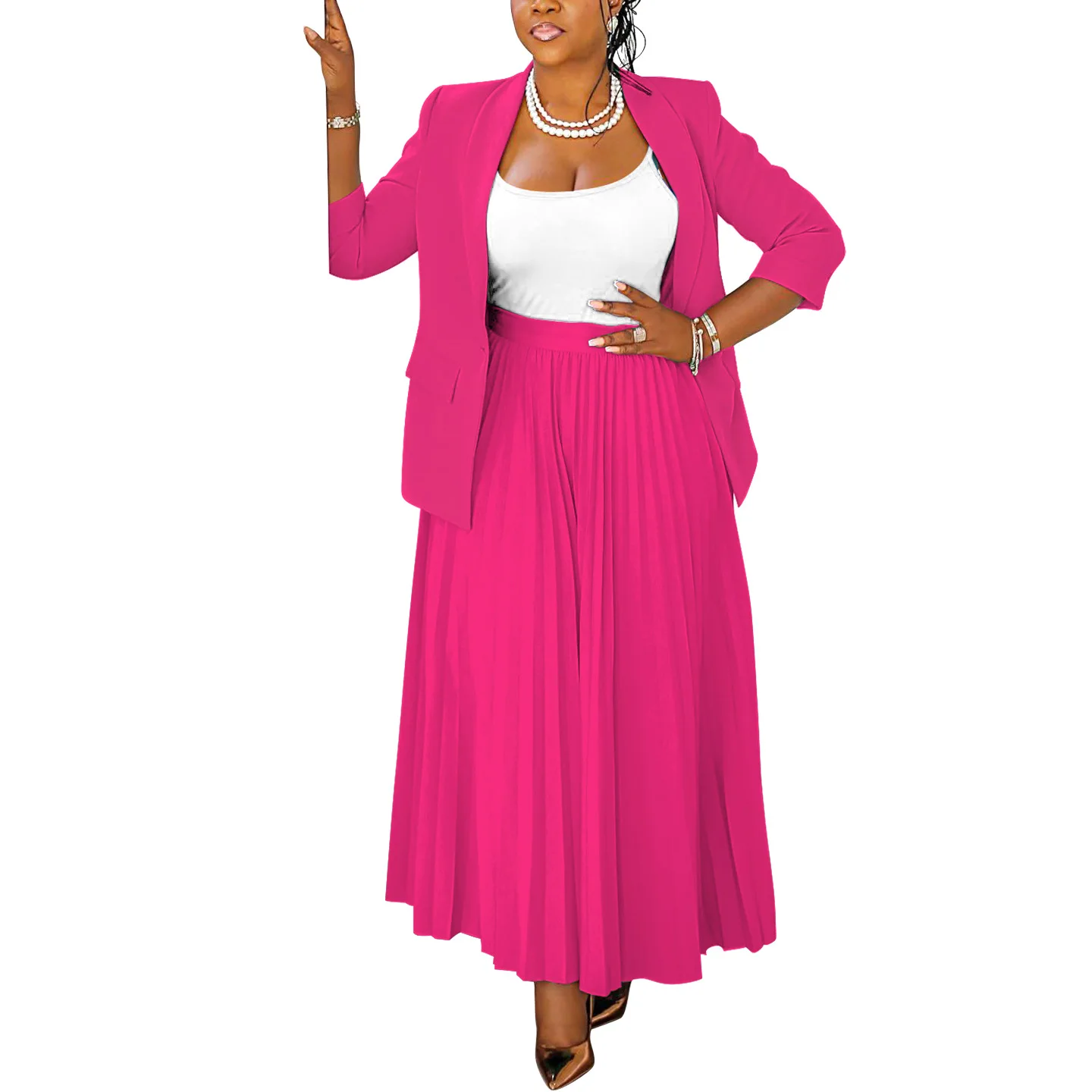 Plus Size Clothing Fashion Women Pleated Skirt Set Two Piece Suit Office Lady Party Casual Jacket and Skirt