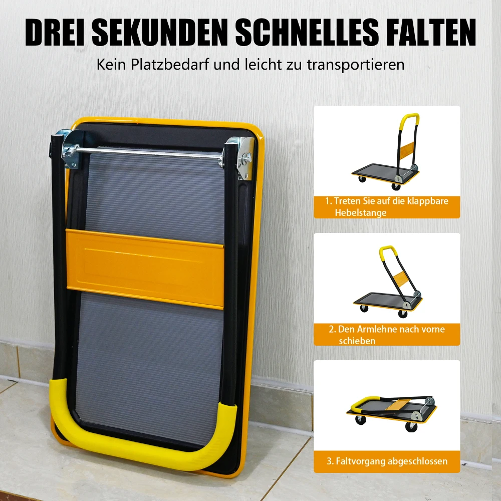 Flachbett-Trolley, Plattformwagen mit 150 KG Tragfähigkeit, 360-Grad-Schwenkräder, Faltbarer Trolley für Beladung und Lagerung – Detail 13