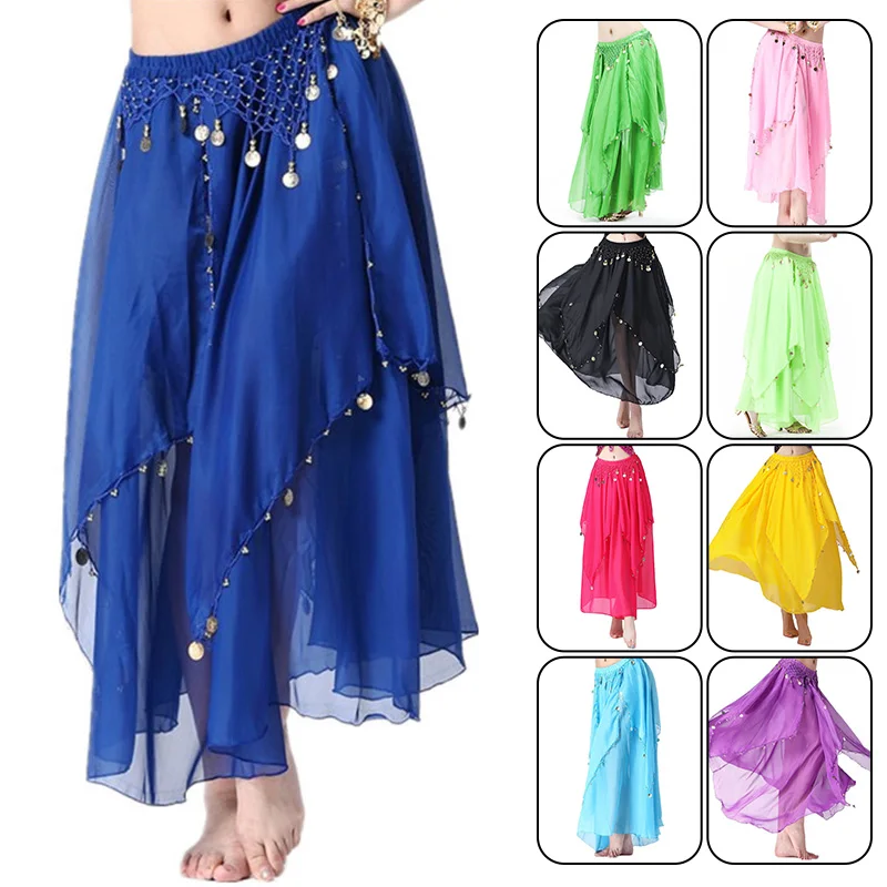 Women's Dance Skirts Belly Dance Long Skirts Swing Layered Skirt Party Festival Costume with Coins Tribal Split Skirt