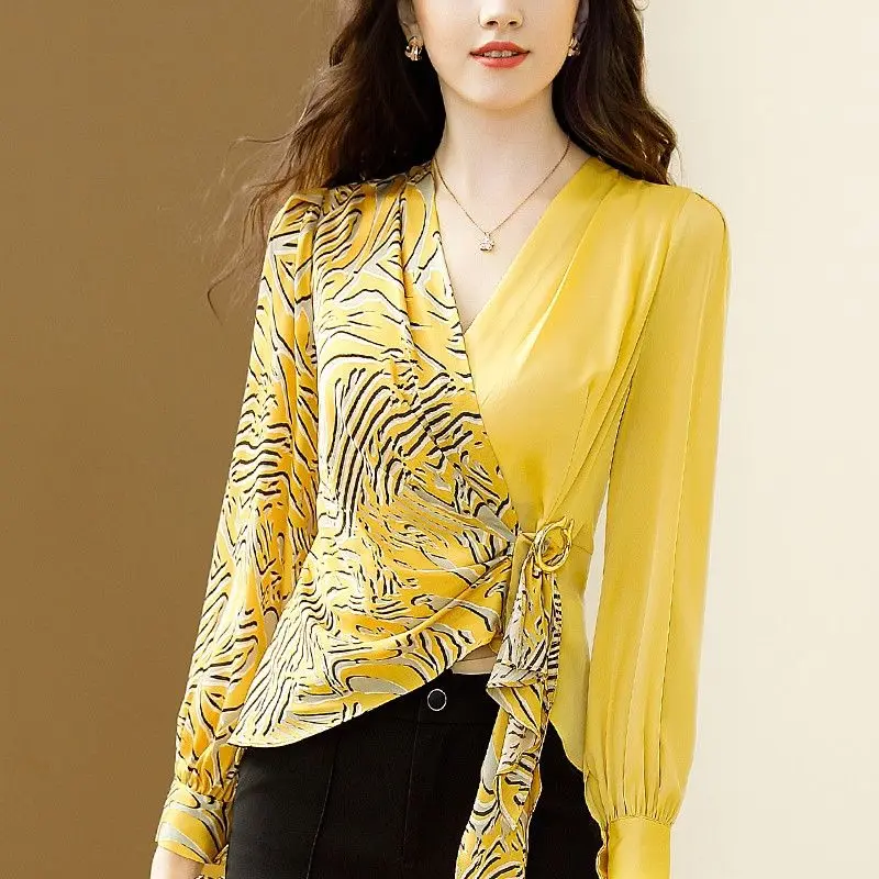 Spring Autumn New Long Sleeve Fashion Printing Blouse Women Casual Chic Pleated Asymmetrical Pullovers Elegant All-match Tops