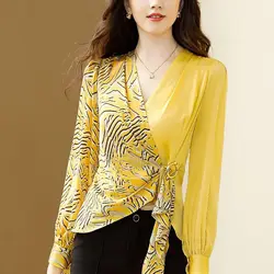 Spring Autumn New Long Sleeve Fashion Printing Blouse Women Casual Chic Pleated Asymmetrical Pullovers Elegant All-match Tops