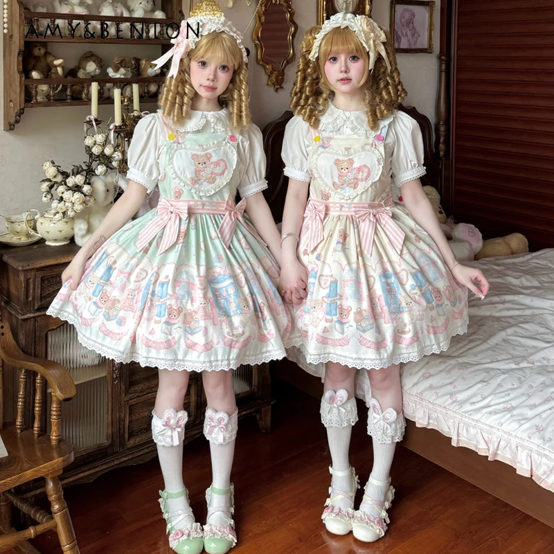 y2k-sweet-lolita-bear-print-strap-dress-women-high-waist-slim-fit-blue-pink-beige-sundress-with-bow-belt-trailing-party-outfit
