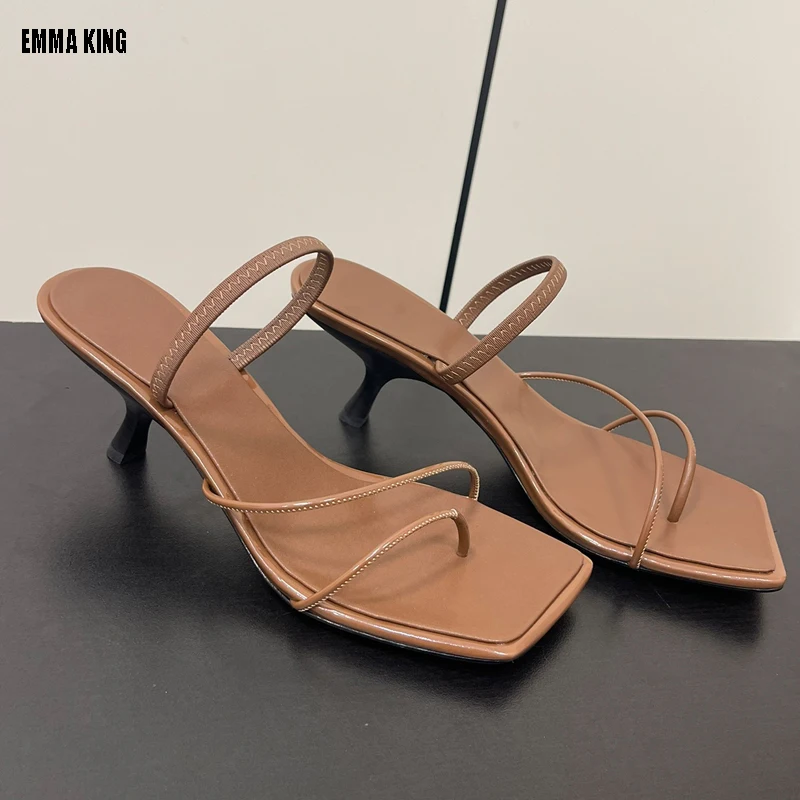 

2024 Summer Low Sandals Woman Leather Suit Female Women’s Shoes High Heels Low-heeled Black Comfort New Stiletto Girls Fas