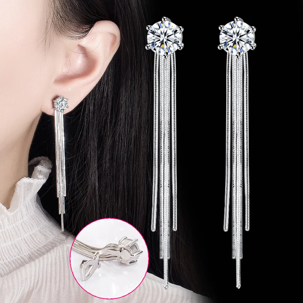 925 Sterling Silver Earrings Long Fringe Zircons Earrings Ladies Fashion Simple Birthday Party Wedding Anniversary Jewelry Gift