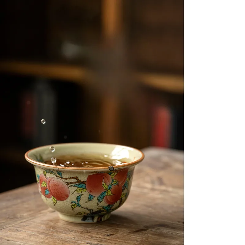 Dehua Handmade Nine Peaches Five Fu Shou Peach Master Cup Antique Enamel Color Over The Wall Peony Press Cup Pu 'er Cup