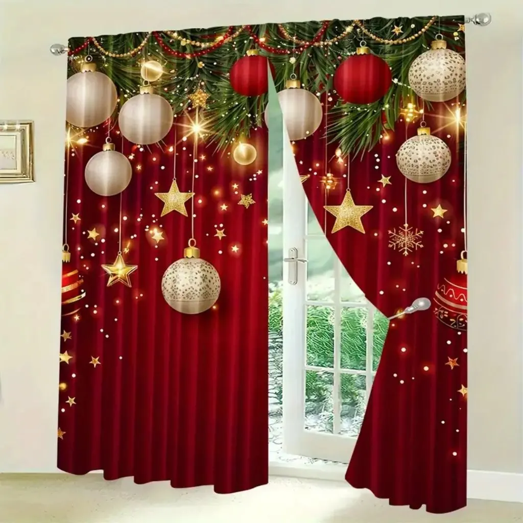 2pcs Set Christmas Tree & Ball Printed Curtains - Rod Pocket Design, Polyester, Perfect for Living Room, Kitchen, Bedroom, and D