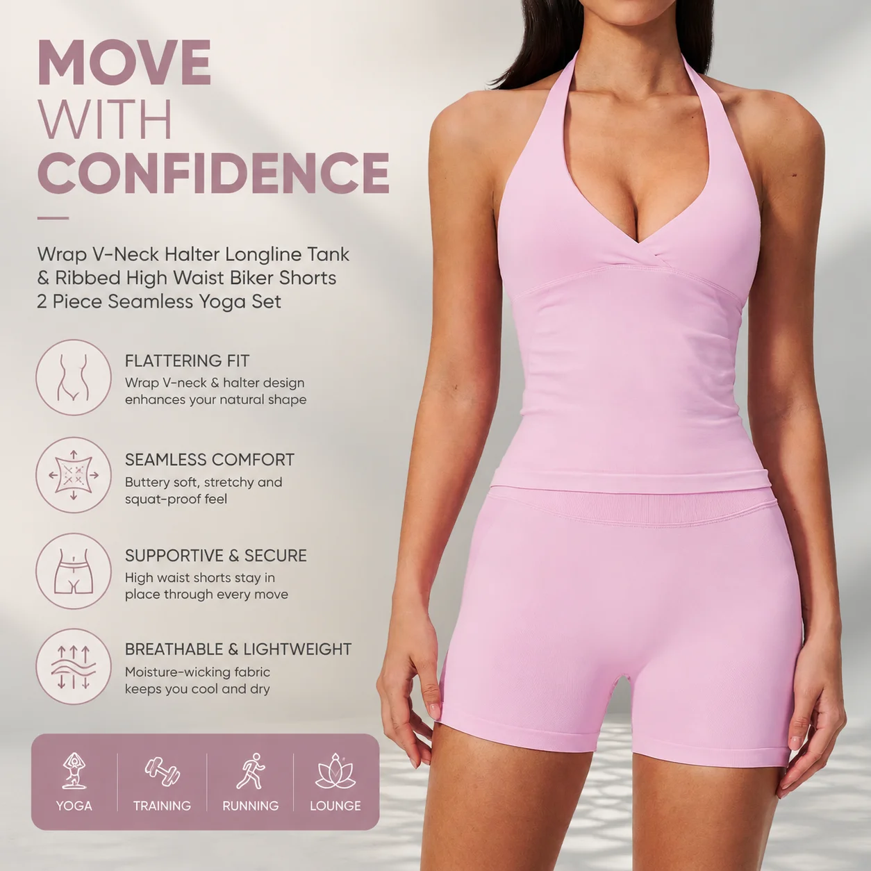 Women's Halter Deep V-Neck Twist-Front Longline Crop Top & High-Waist Biker Shorts Set Seamless Matching Gym Activewear with Pad