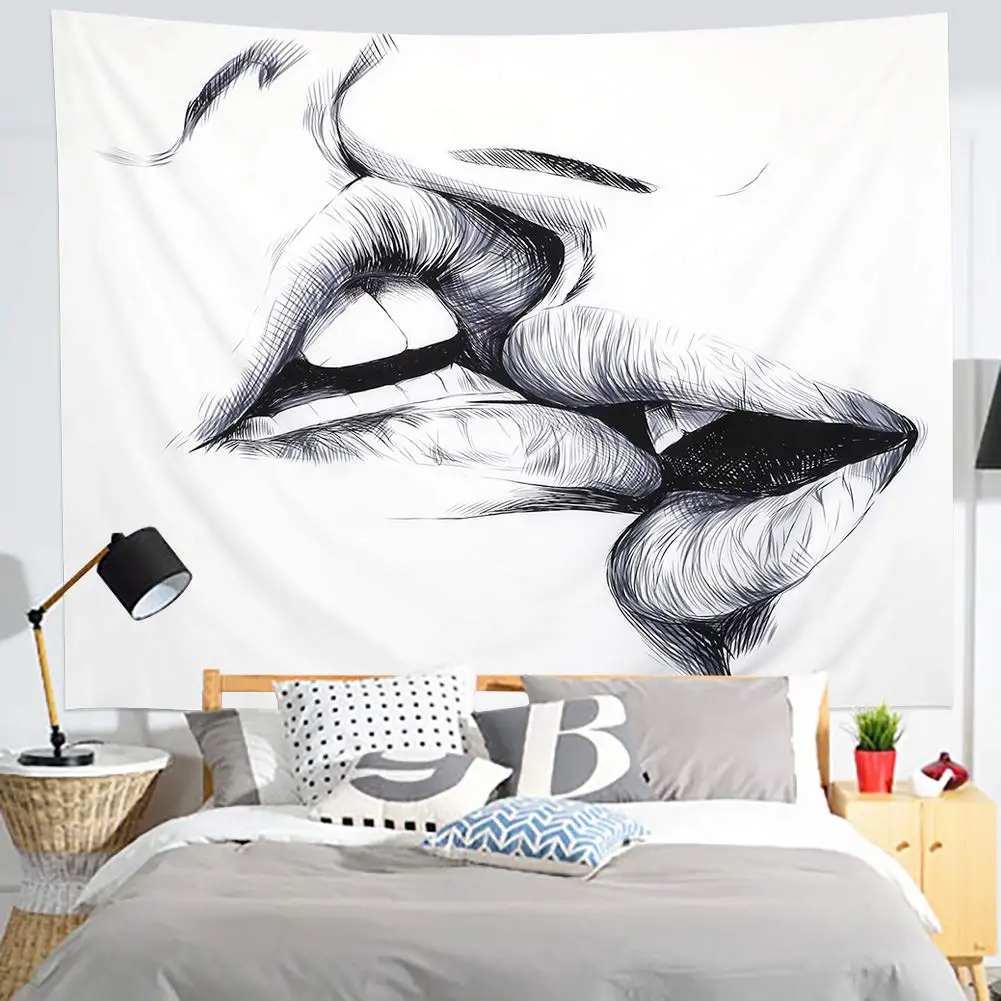 

Lip Tapestry Kissing Lovers Wall Hanging Abstract Sketch Art Romantic Tapestries Wall Blanket for Dorm Bedroom Living Room Decor