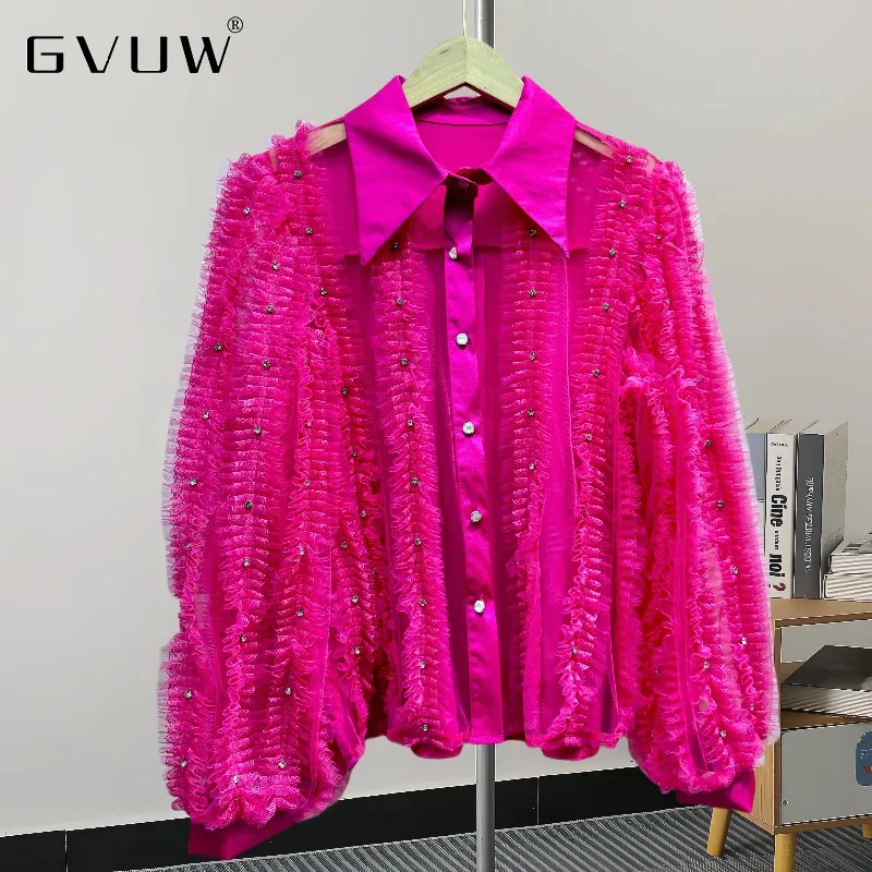 GVUW Fashion Beading Shirt Women Lapel Gauze Fungus Full Sleeve Single Breasted Niche Design New 2024 Autumn Shirts 17G7847