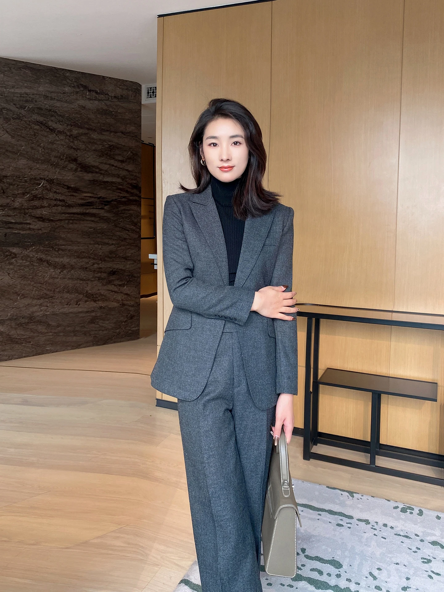 

Зимний шерстяной костюм с узором в виде K-образных петель, брюки прямого кроя на одной пуговице для женщин, профессиональный офисный наряд, готовый к выходу в свет