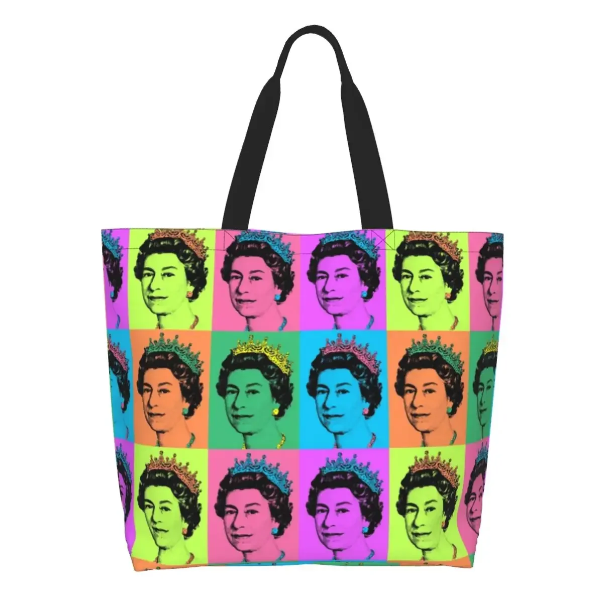 Queen Elizabeth II England Pop Art Grocery Shopping Bags Printed Canvas Shopper Tote Shoulder  Big Capacity Durable Handbag