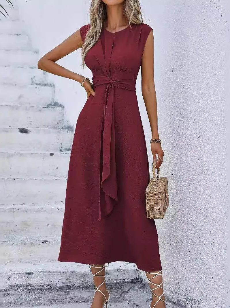 Tie-Detail round Ne Svel Long Dr Pure Color Street Sle Elastic Waist A-Line Skirt Polyester Fiber Summer Dr