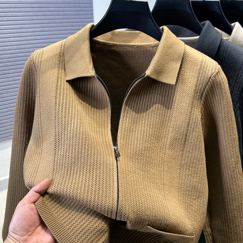 Man's New Autumn High-quality Pullover Sweater Solid color Zipper Plaid pocket Knitted sweater Coat Casual Jacket Men's clothing