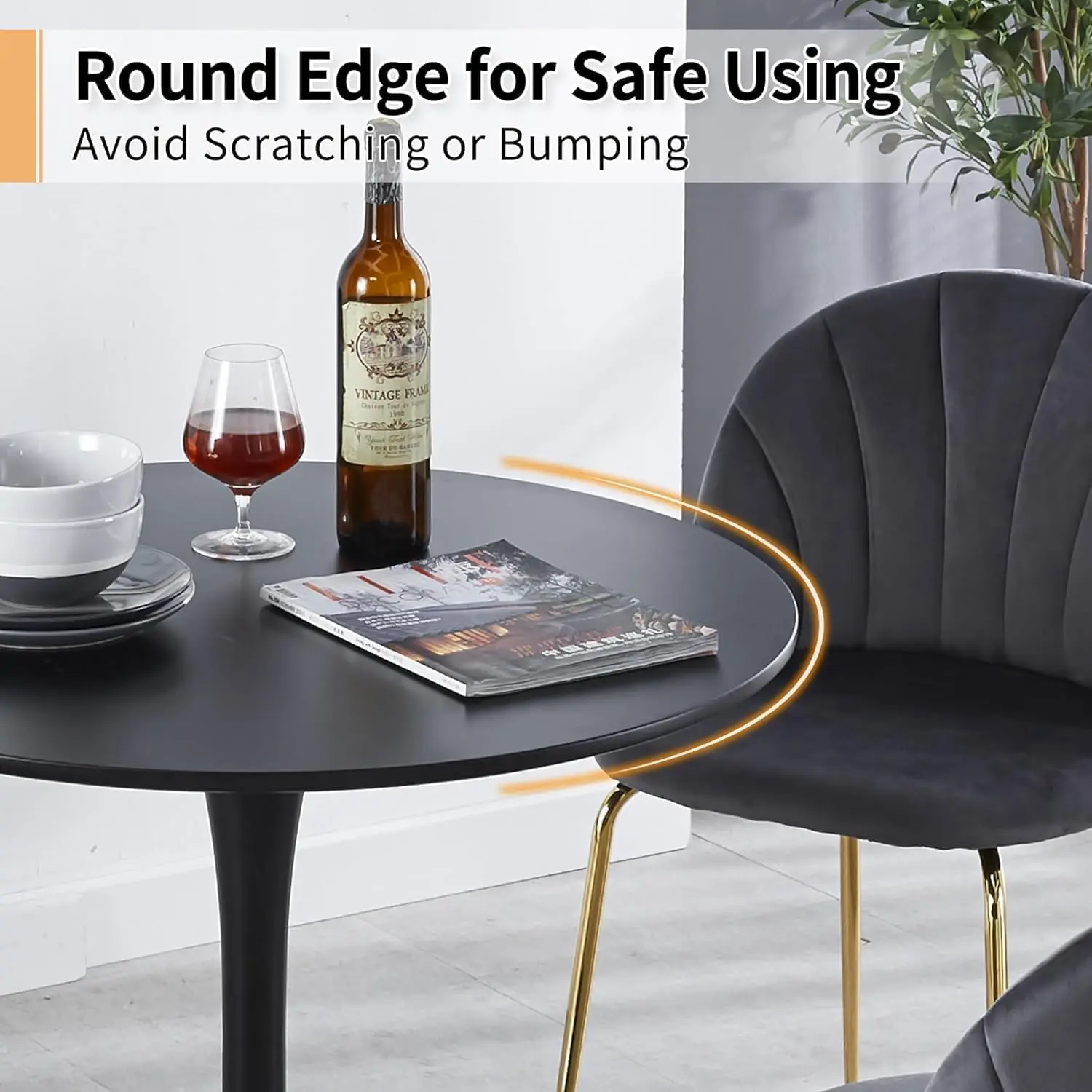 42"" Black Round Dining Table For 4-6 Person,Mid-Century Black Tulip Table Kitchen Dining Table With Mdf Table Top And Pedestal