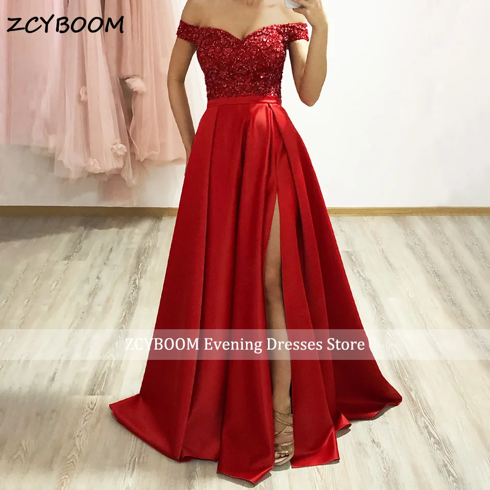 

Sexy High Side Slit Red Satin A-Line Prom Gowns 2024 Off The Shoulder Glitter Beading Women Party Evening Dresses Robe De Soirée