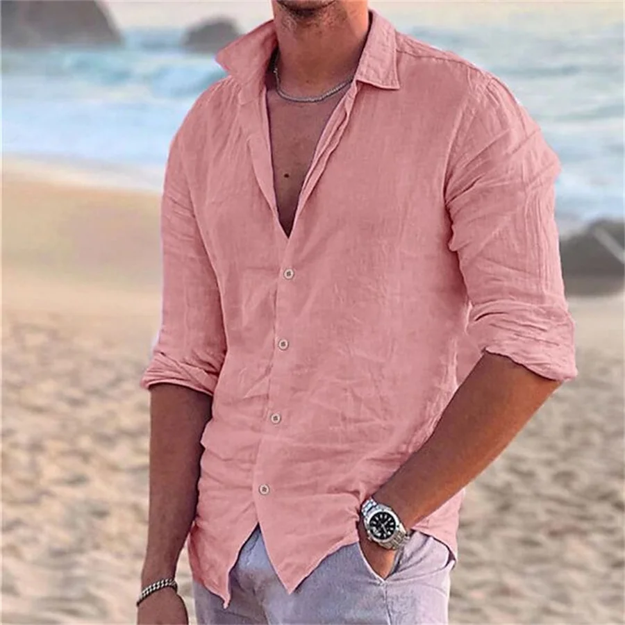 Gray Cotton Linen Men Shirts Long Sleeve Laple Solid Man Tops Breathable Loose Casual Holiday Shirts for Men Streetwear 3XL