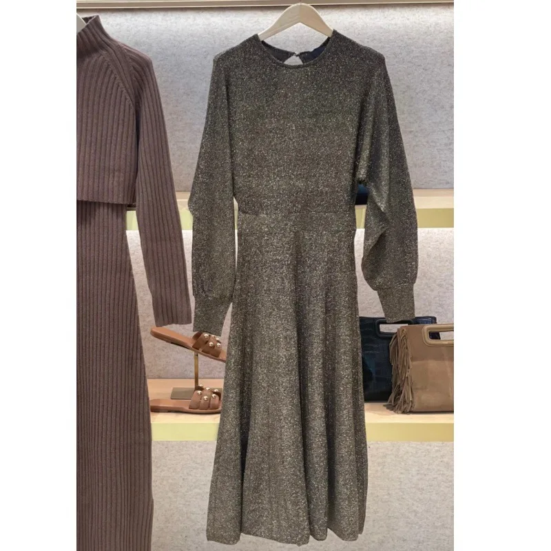 Women\'s Bright Silk Knit Dress Autumn Winter Round Neck Long Sleeve High Waist Vintage Female Midi Robe