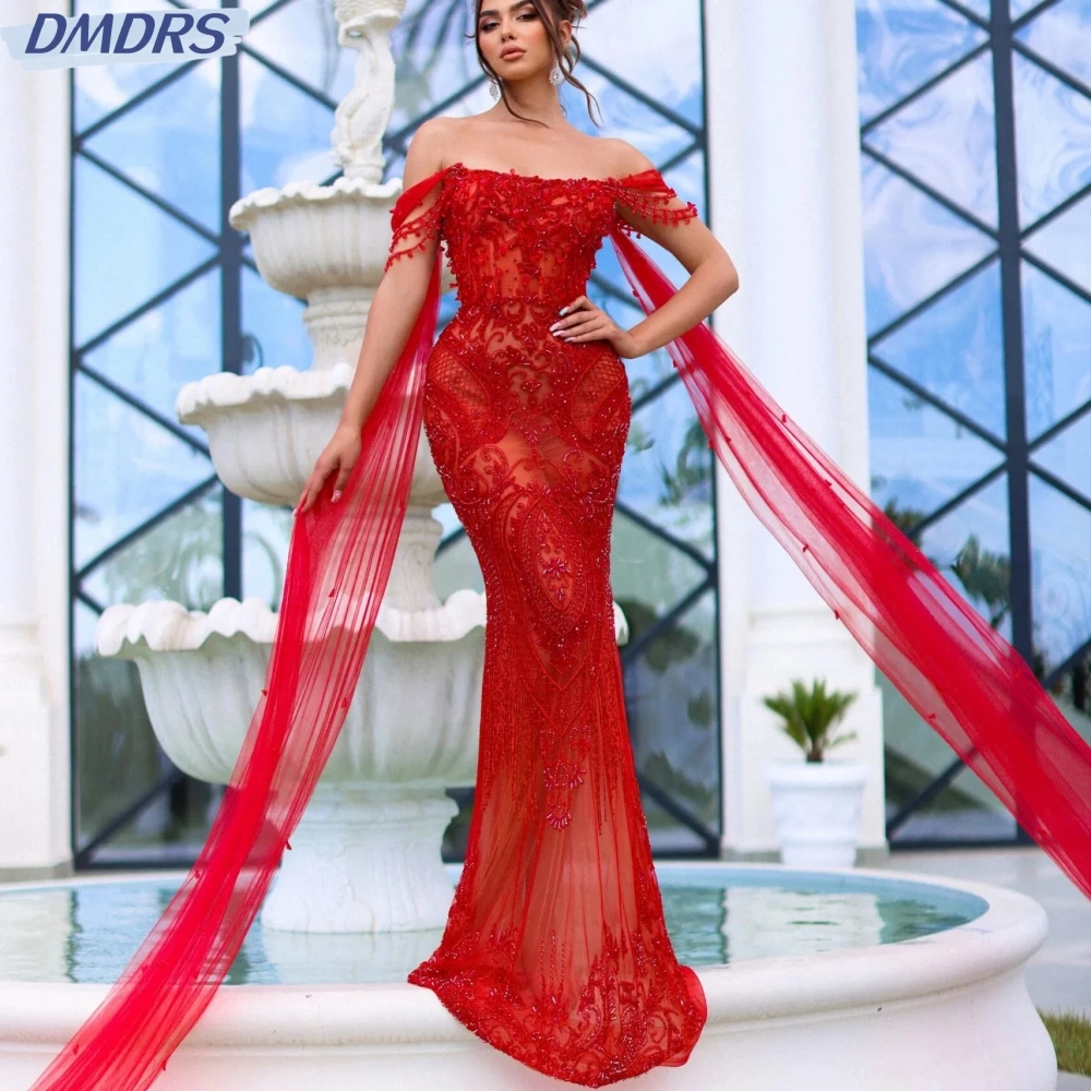 Sexy Illusie Off The Shoulder Cocktail Jurken Glinsterende Kralen Avondjurk Luxe Rode Zeemeermin Lange Prom Gown Robe De Mariée