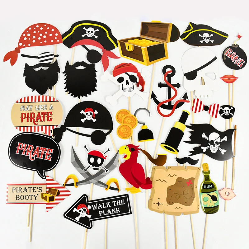 

30pcs Cartoon Pirate Photo Booth Props DIY Kit Kids Birthday Party Cosplay Pirate Dress-up Accessories Halloween Party Supplies