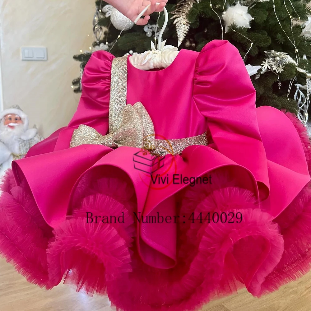 Exquisite Scoop Full Sleeve Flower Girls Dresses for Kids 2024 New Summer Tiered Champagne Bow Christmas Gowns فلور فتاة اللباس