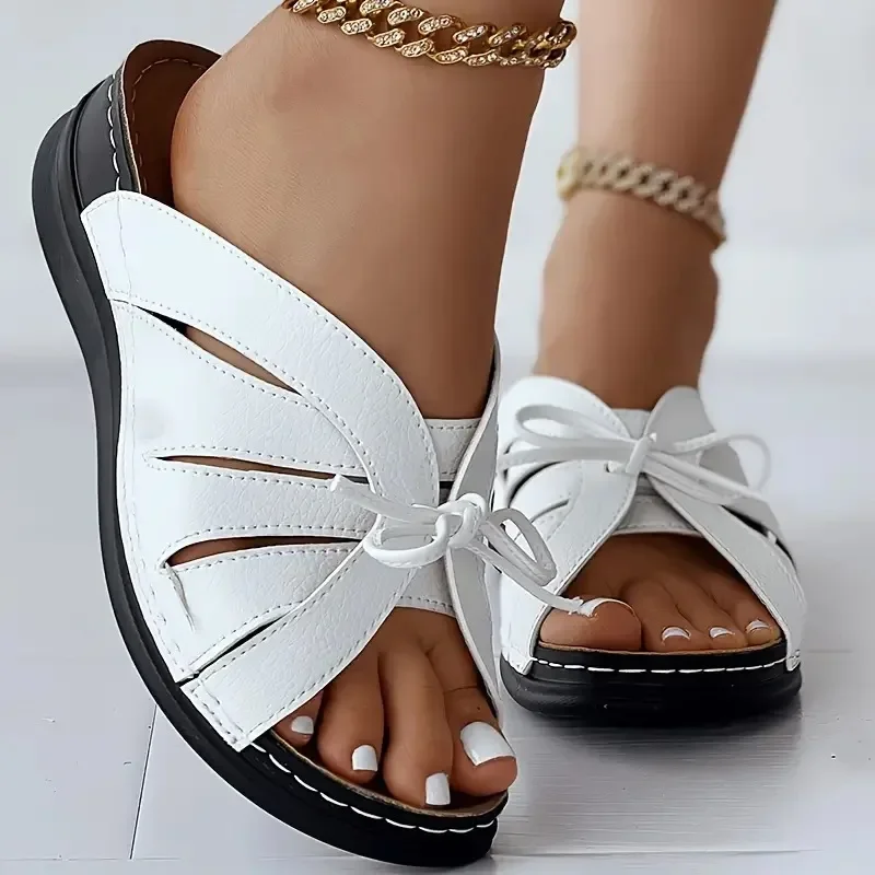 2026 new summer foreign trade fish mouth slippers large size bow flat bottom slope heel shake line hollow cool slippers