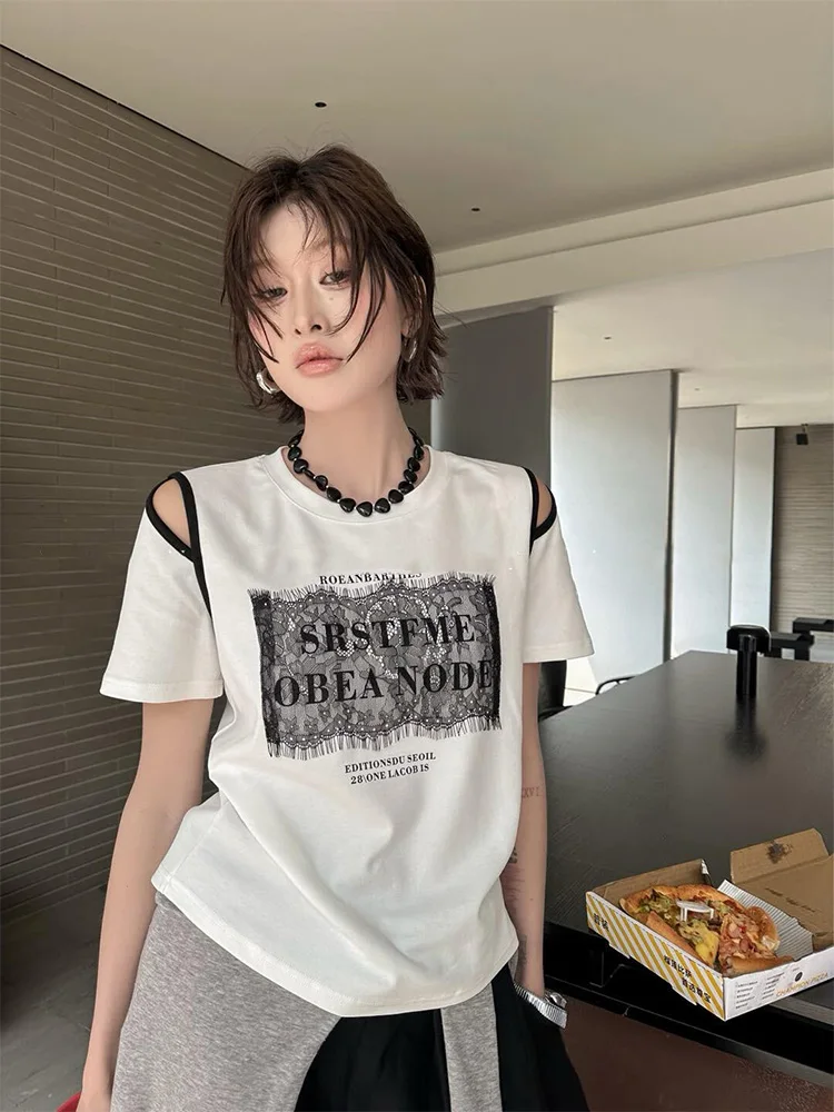 

American Retro Sli Casual Age-defng ort Sve T-irt Summer Design Sensation Small Print oulder-baring Elegance T...