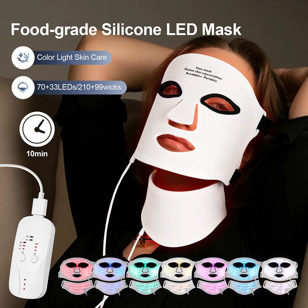 Foreverlily Face Neck Silicone LED Mask 7 Colors LED Light Photon Therapy 3D Flexible Facial Beauty Mask Skin Brighten Skin Care