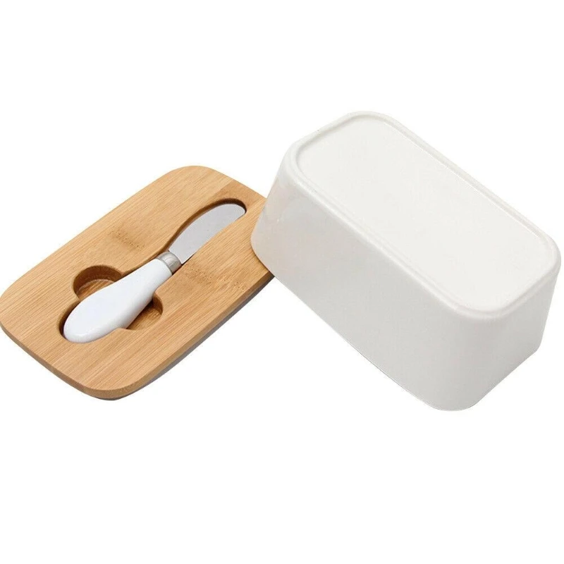 Scatola di burro in ceramica nordica coperchio in legno con coltello piatto di tenuta per burro vassoio di stoccaggio piatto formaggio cucina contenitore per alimenti piatto per burro