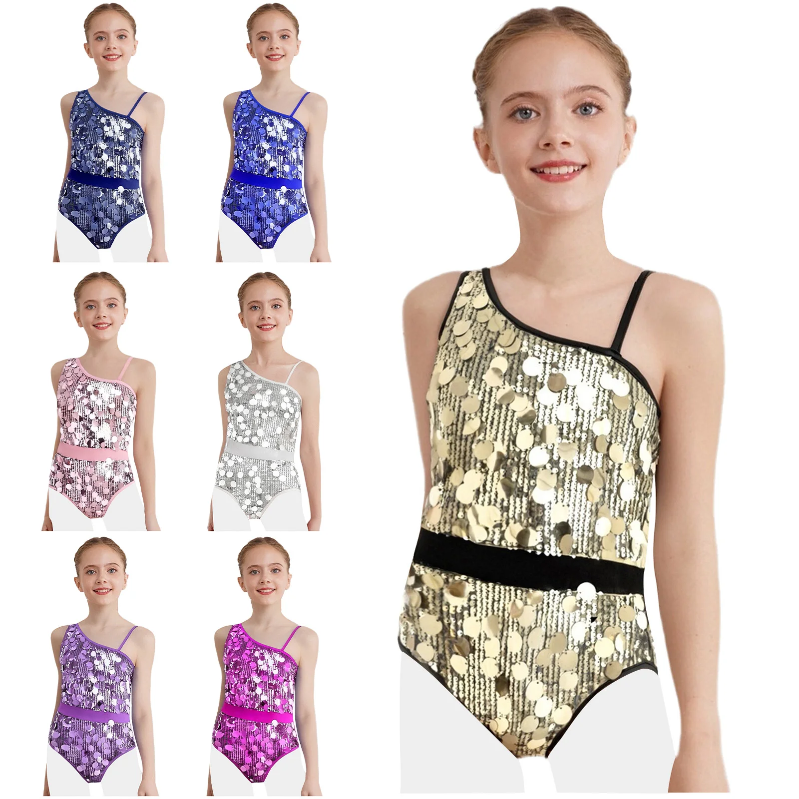 Bambini Ragazze Paillettes Balletto Danza Body Ginnastica Allenamento Dancewear Latn Jazz Body Senza maniche Unitard per Pattinaggio di Figura