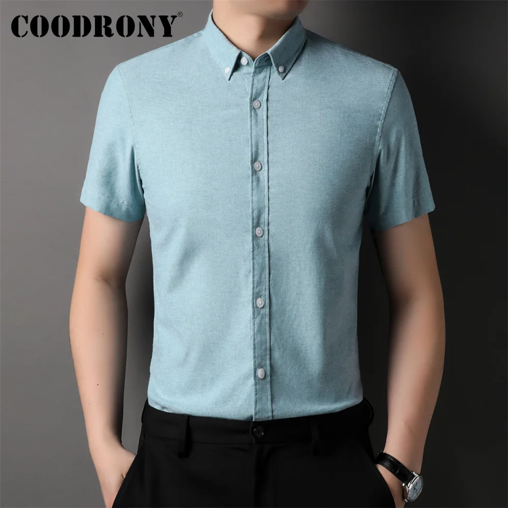 

COODRONY Business Casual Knitwear Men's Soft Cotton Shirts Summer Fashion Pure Color Men Short Sleeve Turn-down Shirt W5014S