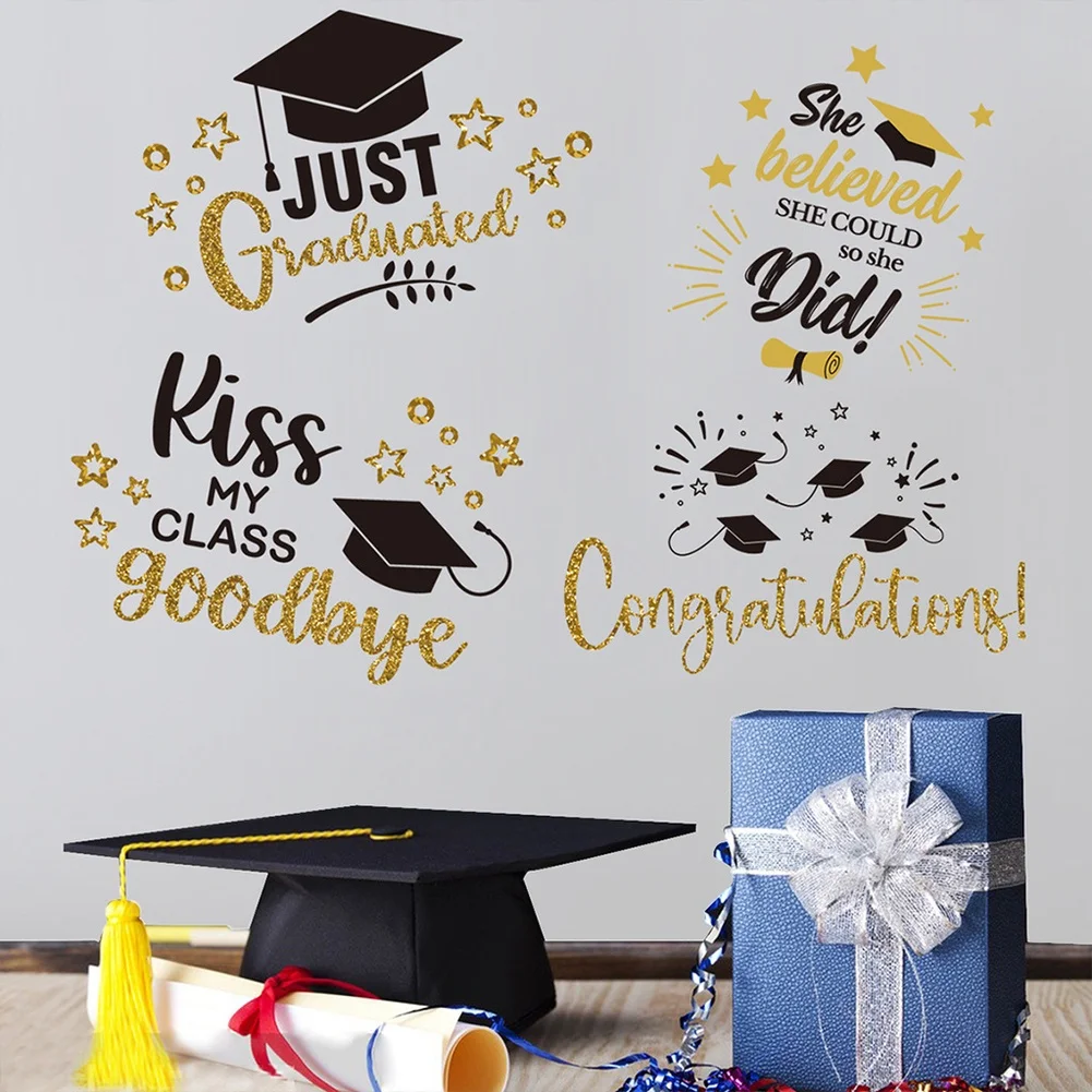 4PC Graduation Stickers PVC Wall Decals Gold Stripes School Ceremony Room Decor Easy- Apply 30x20cm Set