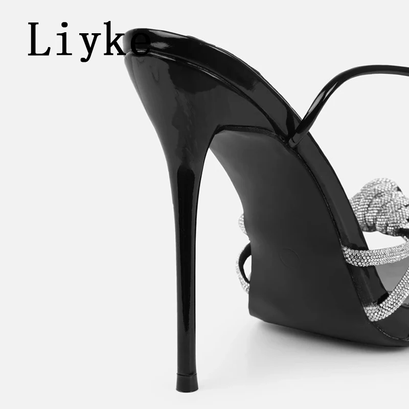 Liyke Elegant Party Sandals Female Rhinestones Narrow Band Open Toe Ankle Cross Lace Up High Heels Stiletto Wedding Shoes Women