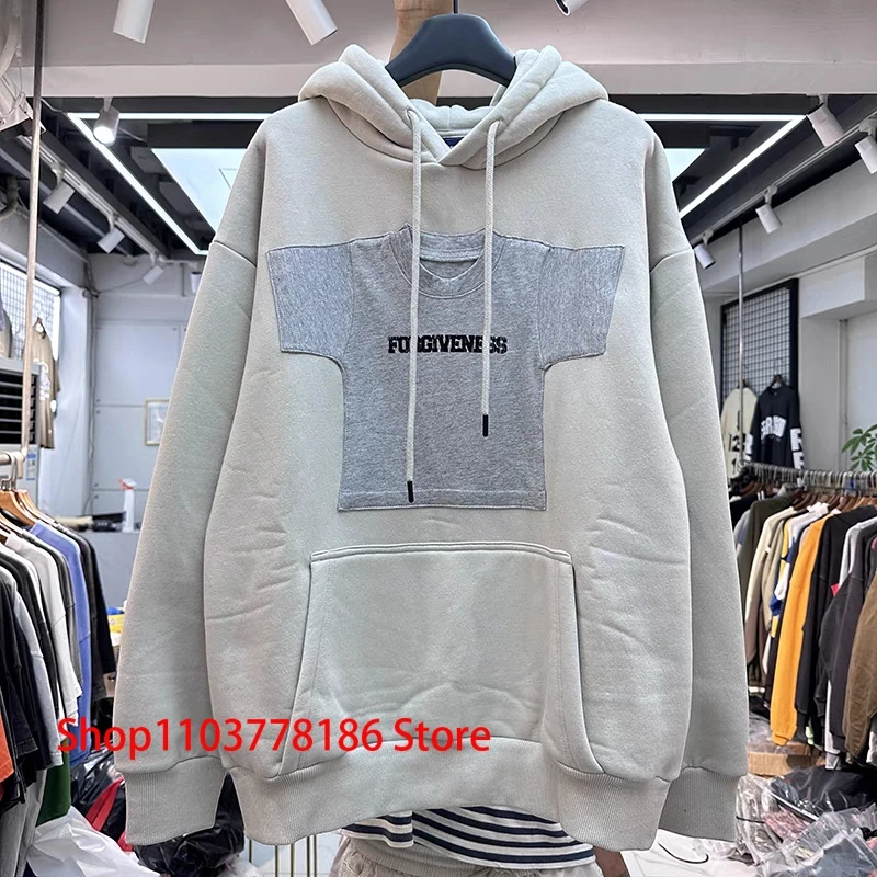 Streetwear Creative Fun Splicing Fake Two Pieces Letter Print Hoodie Men Women Couple Loose Hip-hop Fleece Hooded Sweatshirt