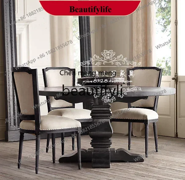 z183  French solid wood dining table and chair combination American old retro square back chair furniture round table