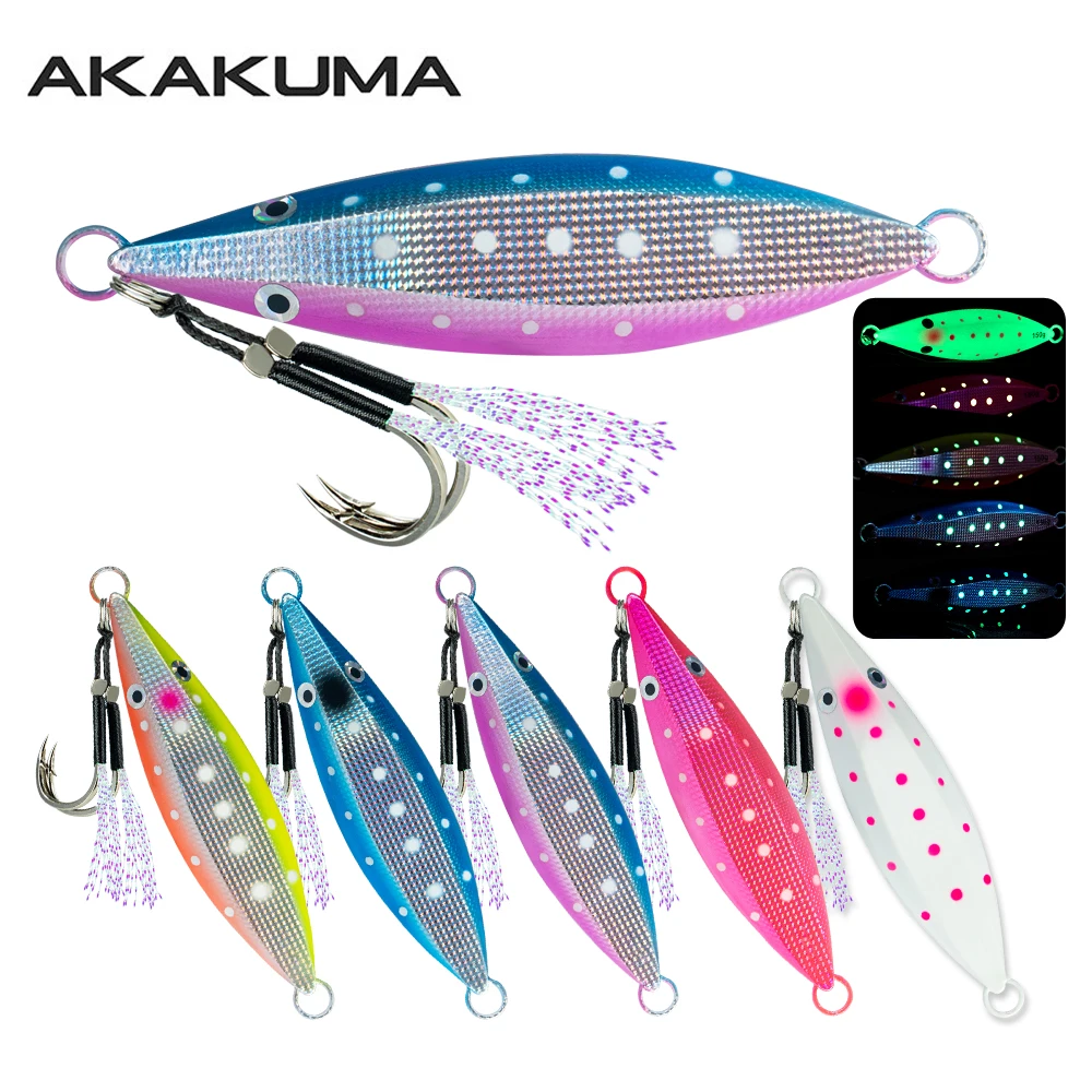 Luminous Metal Jig Casting Lure Fast Sinking 60g-150g Saltwater Bait with Sharp Assist Hooks Artificial Hard Bait for Bass Trout