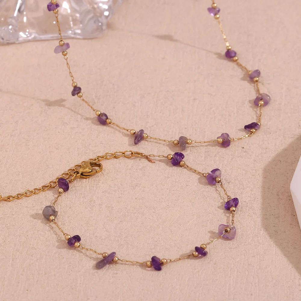 E.B.belle Natural Crushed Stone Purple Bracelet Colorful Stone Crystal 316L Stainless Steel 18K Gold Plated Necklace