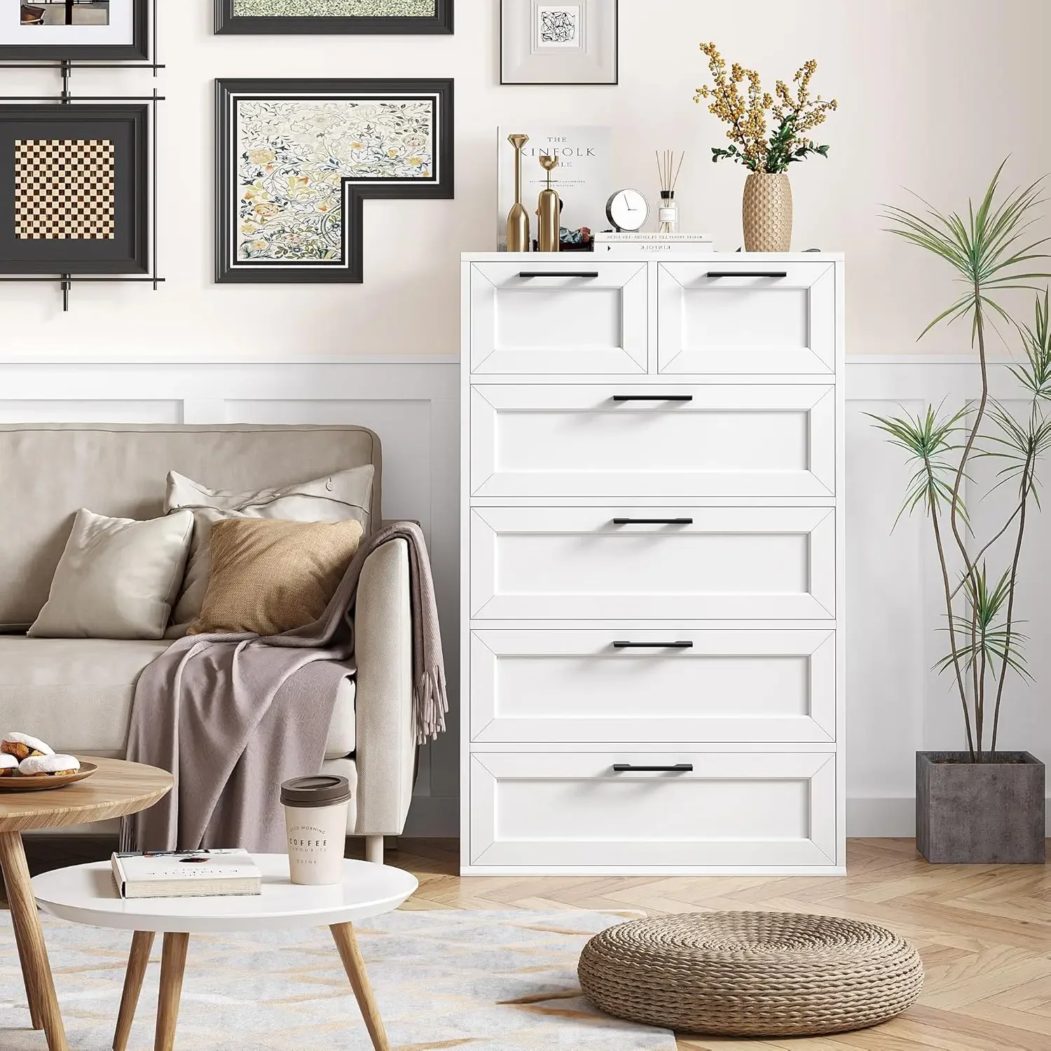 White Dresser for Bedroom Tall 6 Drawer Chest of Drawers with Trapezoidal Design for Bedroom Hallway Entryway