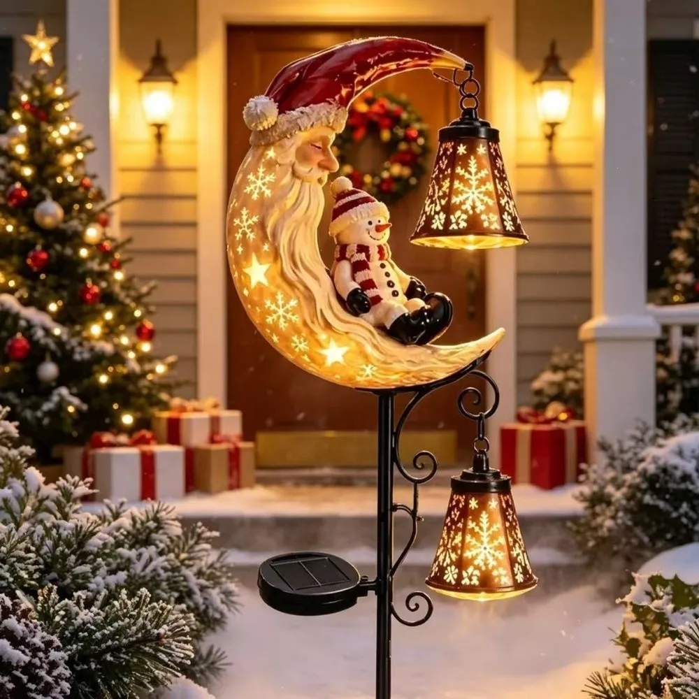 LED Glowing Christmas Moon Solar Stake Light with Bell Hollow Lantern Xmas Garden Stake Lamp Solar Powered Iron Metal