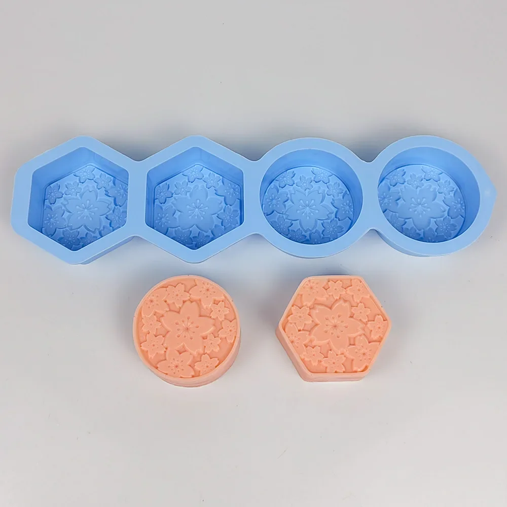 4 Holes Relief Flower Hand Soap Silicone Moulds Easy Demold Sakura Sphere Candle Gypsum Mold Round Hexagon Chocolate Making Tray