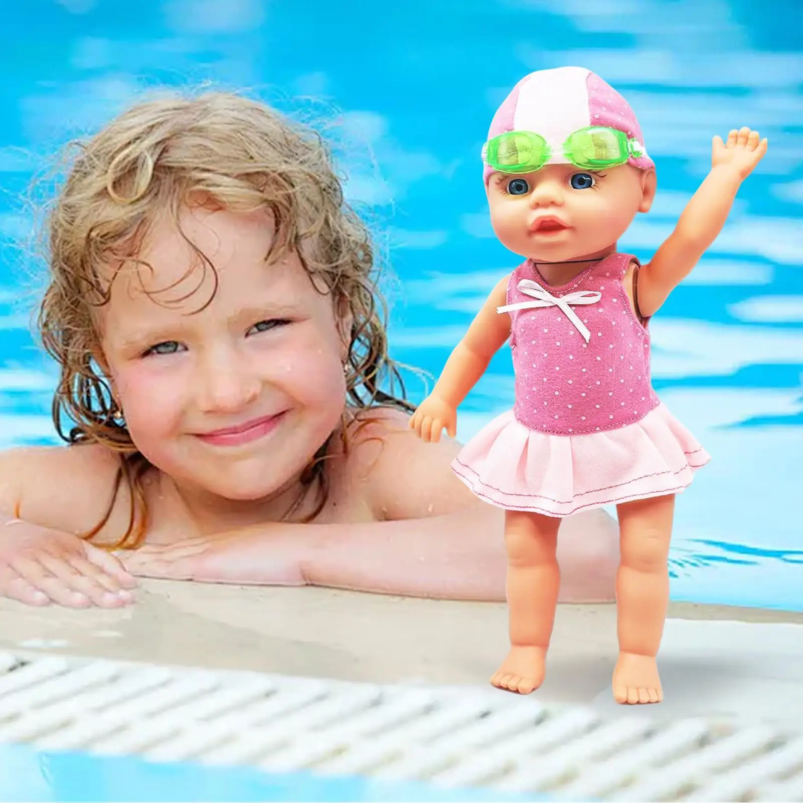 دمية أطفال مائية مقاومة للماء للسباحة مع ملحقات ألعاب مشتركة متحركة للسفر والرمل والأطفال والأصدقاء في الصيف على الشاطئ