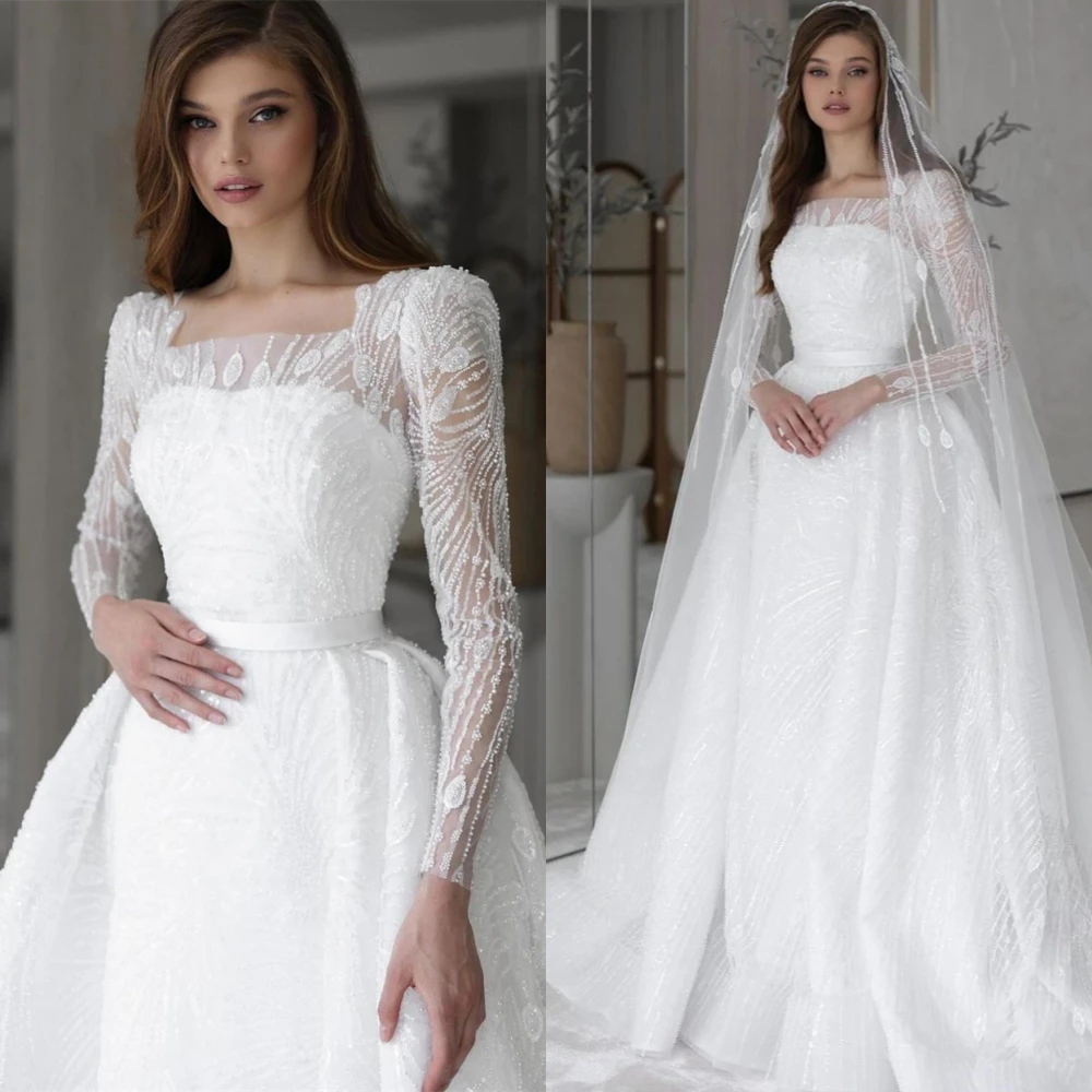 맞춤형 Organza 긴 소매 웨딩 드레스 반짝 이는 순수한 흰색 신부 가운 클래식 스퀘어 칼라 a 라인 Vestido De Novia