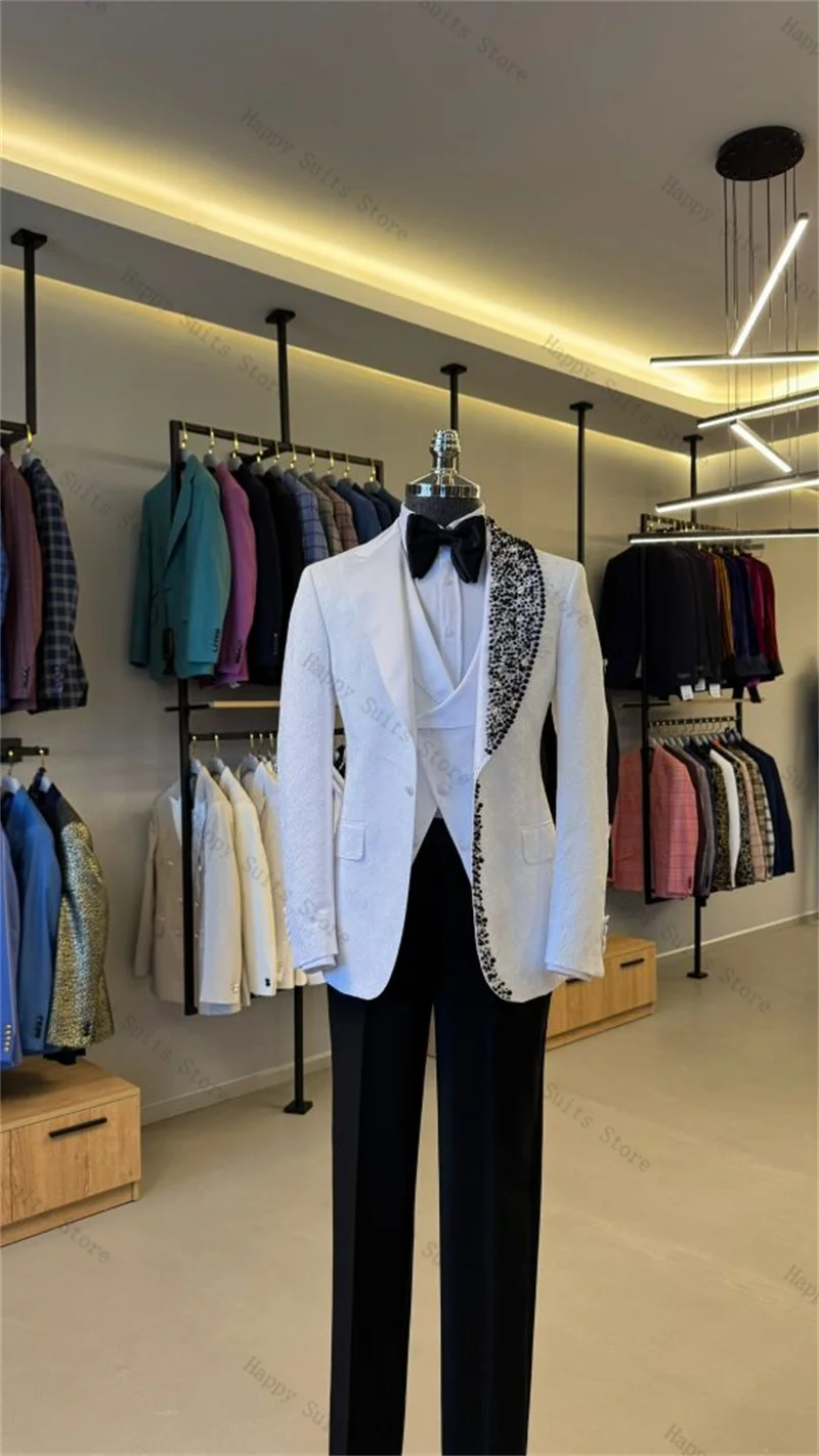 

White Jacquard Men Suit Set 2 Pieces Blazer+Pants Trouser Stone Crystal Wedding Tuxedo Formal Office Customized Jacket Coat