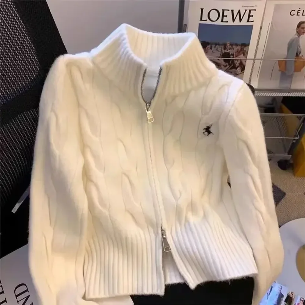 

Vintage Korean Style Stand Collar Sweater Jacket Autumn/Winter Age-Reducing Zipper Embroidery Knitted Cardigan University Top