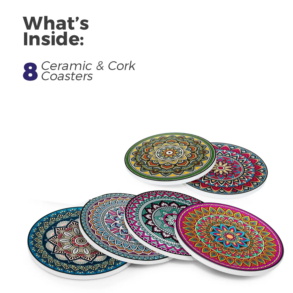 Mandala Drink Coasters for Drinks Absorbent with Cork Base Coasters for Coffee Table Apartment Wooden Bar Mugs Glasses 8Pcs