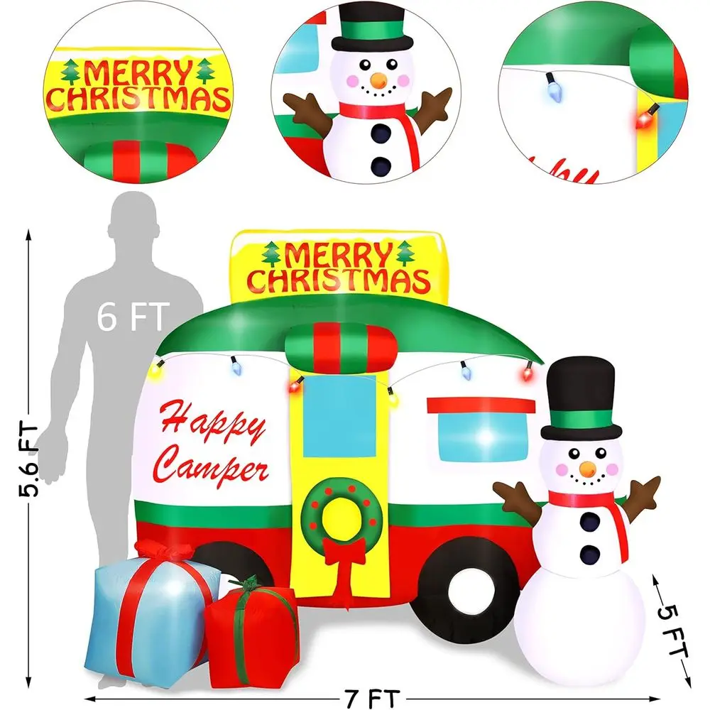 Christmas Inflatable RV with Snowman, Wreath and Gift Boxes, Lighted Outdoor Lawn Decorations