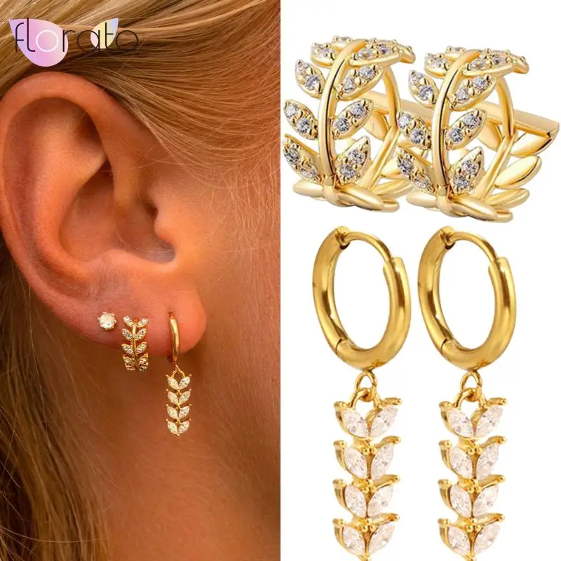 

925 Sterling Silver Ear Needle Small Fresh Simple style Micro-paved Multi-leaf Rhombus Zircon Circle Earrings Pendant Jewelry