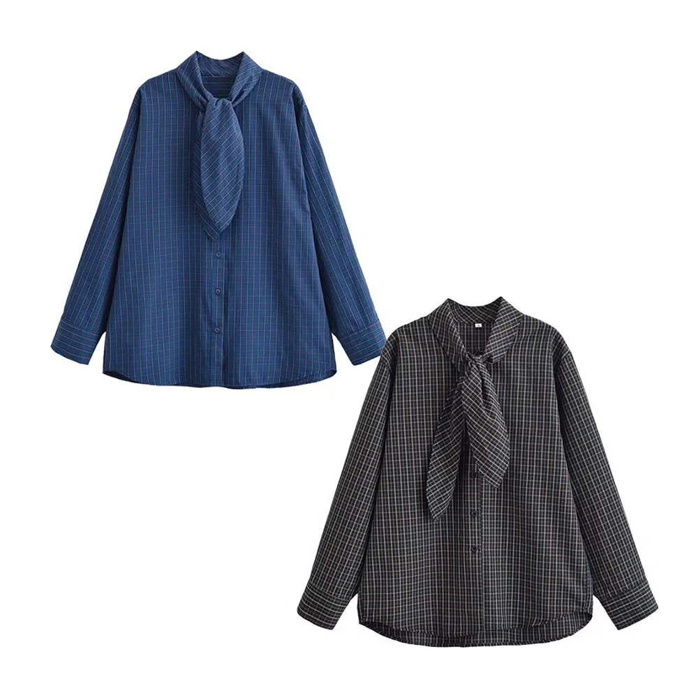 

Winter new women's fashion versatile long sleeved plaid scarf shirt