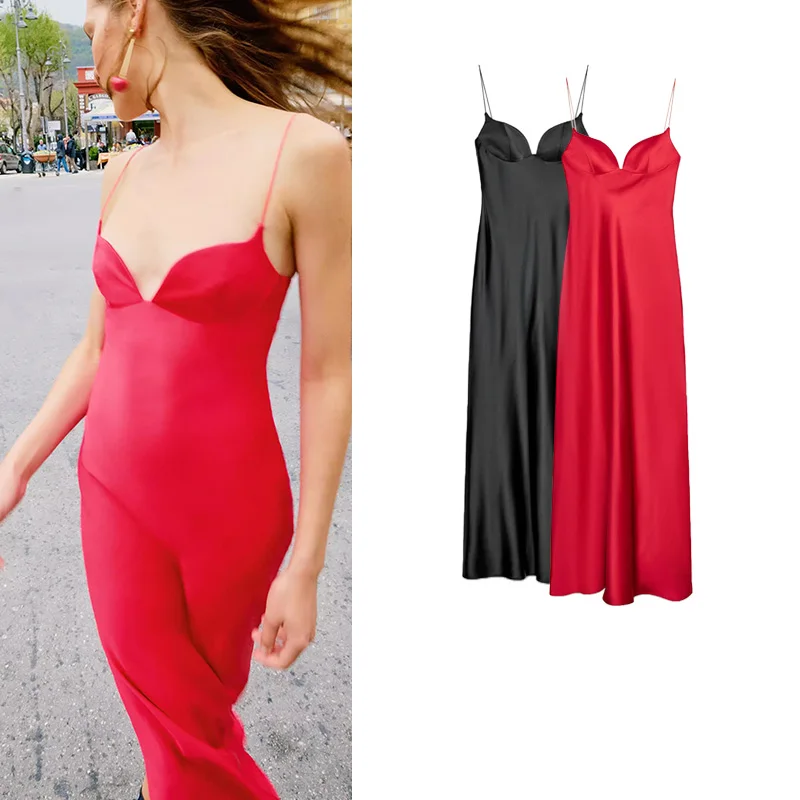 Sommer Neue frauen Lange Seide Satin Kleid Herz Kragen Strap Hohe Taille Keine Sve V-ne Farbe Pendeln Sle Dr