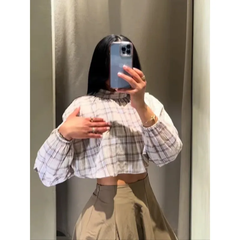 

Elegant Plaid Capelet Shirt Women Chic Half-high Collar Full Sleeve Cropped Cloak Blouse 2026 Spring Lady Commute Street Top